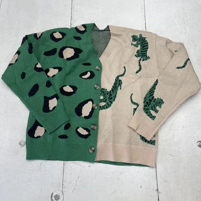 Cárdigan Animal Suéter Juvenil 12 Años Verde Beige Botón Frontal Tigre Leopardo Foto 1 de 4