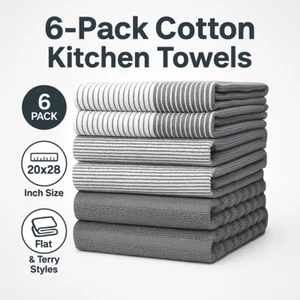 6 Pack Gray Kitchen Towels 20x28 Cotton Dish Cloths | Flat & Terry Hand Towels - Picture 1 of 8