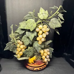 Vintage Chinese Jade Hard Stone Carved Grape Tree 16" Tall With Wooden Stand - Picture 1 of 15