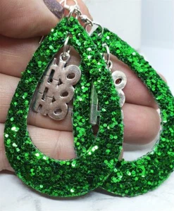 Green Glitter FAUX Leather Cut Out Teardrop Earrings with HoHoHo Charm Dangles - Picture 1 of 4