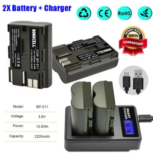 2x BP-511 Battery + LCD Charger for Canon 20D 30D 300D 40D 50D 5D D30 D60 Kiss - Picture 1 of 12