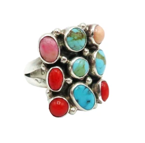Anello Vintage Argento Sterling Navajo BB Nakai Turchese Corallo Rosa Quarzo a Grappolo - Foto 1 di 10