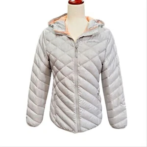 EUC Eddie Bauer Damen silbergrau gesteppte gefütterte Jacke mit Kapuze Mantel S - Bild 1 von 13