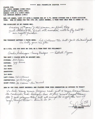 Ned Garver Autographed Hand Filled Out Survey Page (JSA) - Image 1 of 2