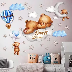 Tedy Bear Sleeping on the Moon and Stars Wall Stickers for Kids Baby Room Decor - Picture 1 of 21