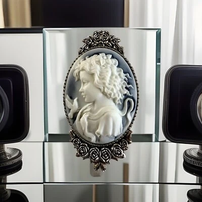 Victorian Girl with Bird Cameo Brooch Pin, Vintage Antique Silver, White on Blue - Image 1 of 4