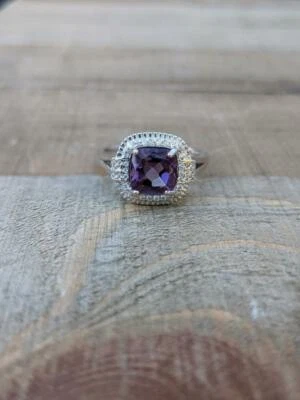 Amethyst & CZ Solitaire Silver Ring, Square Cushion Shape, 7x7 mm Rhodium Plated - Image 1 of 4