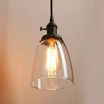 RETRO INDUSTRIAL BLACK CEILING PENDANT LIGHT 5.6" BELL GLASS WITH SWITCH - Image 1 of 4