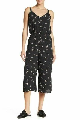 Mono MELLODAY Mujer Negro Estampado de Lunares Mariposa Tirantes Recortado Pierna Ancha M Foto 1 de 4