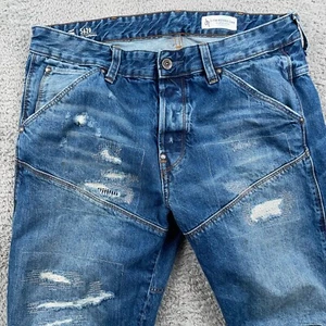 G Star Raw Jeans Mens 33x32 Blue 3D Tapered Button Fly Distressed Moto Biker - Picture 1 of 16