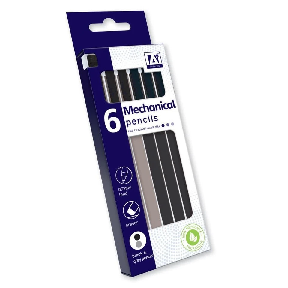 IG DESIGN 6pk Mechanical Pencils Set 0.7mm Nib with Erasers Tipped HB Lead Propelling
