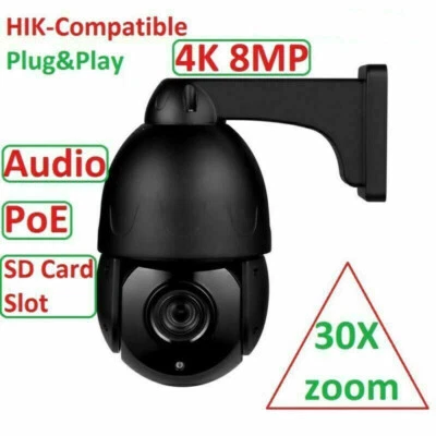 8MP 30X Zoom PTZ Hikvision Compatible POE Speed Dome Security IP Camera In Mic - Image 1 of 4
