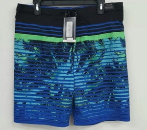Roundtree & Yorke Black Blue Palm Tree Striped Men's Swimwear NWT $49.50 M XL - Picture 1 of 2