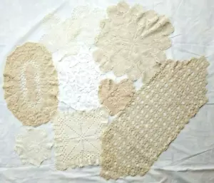 Vtg Doily Table Runner Lot of 9 Dresser Scarf Round Oval Square Heart Cream Lacy - Picture 1 of 9