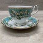 QUEEN ANNE MARILYN SNOWDROP FLOWER WHITE & TURQUOISE TEA CUP AND SAUCER (2)