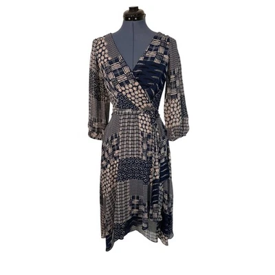 Vestido DKNY Azul Estampado Retazos Imitación Envolvente Manga Globo Asima Capas Transparente 4 Foto 1 de 4