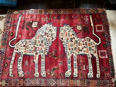Antique Hand Knotted Wool Qashqai Gabbeh Lion Design Rug 175CM X 126CM - Image 1 of 4