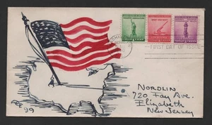 US 1940 HAND-PAINTED OLD GLORY CACHET BY ACE 99 DEFENSE SET ON FDC - Picture 1 of 2