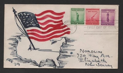 US 1940 HAND-PAINTED OLD GLORY CACHET BY ACE 99 DEFENSE SET ON FDC - Image 1 of 2