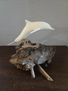 Vintage John Perry Dolphin Sculpture Figurine On Wooden Base 8” x 7” x 6” - Picture 1 of 6