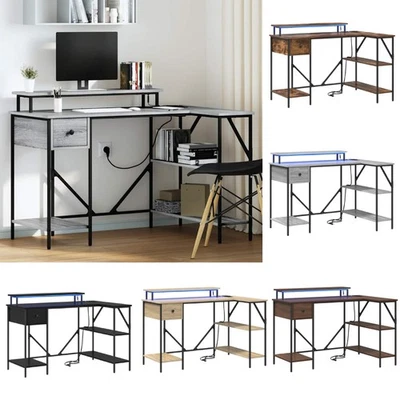 Schreibtisch L Form mit Monitorständer, Gaming Tisch mit LED & Steckdosen Regal - Bild 1 von 3