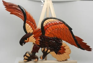 Vintage Asian Handmade Intarsia Wood Mosaic 3D Flying Wall Art Eagle Big Talons - Picture 1 of 10
