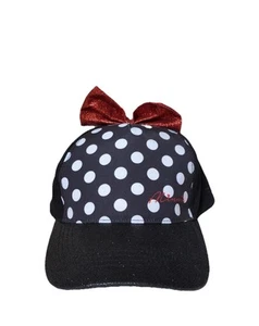Girls Minnie Mouse Hat Baseball Style Cap Black Glitter Bill Adjustable Red Bow - Picture 1 of 8