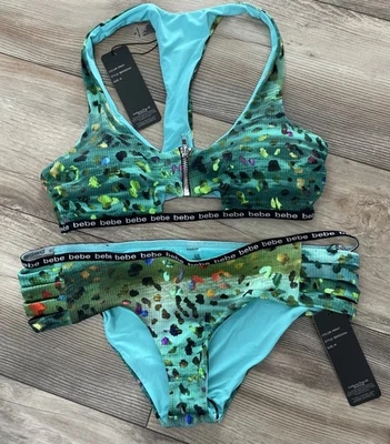 Conjunto de traje de baño vintage BEBE Halter Top parte inferior de bikini azul medio detalle brillante Y2K Foto 1 de 4