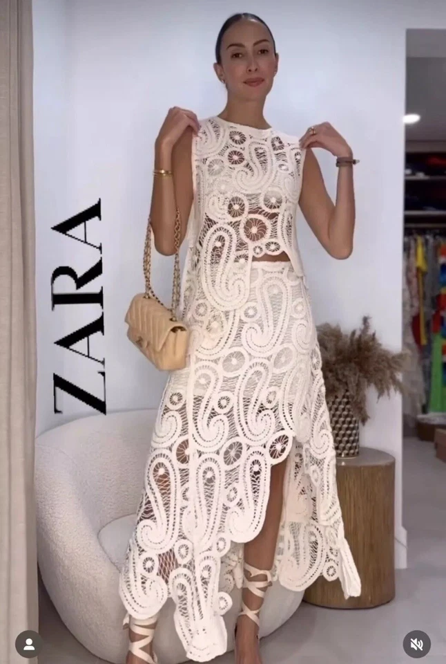 ZARA MUJER NUEVA FALDA CROCHET ASIMÉTRICA Y TOP A JUEGO TEJIDO PAJA TALLA XS  Foto 1 de 4