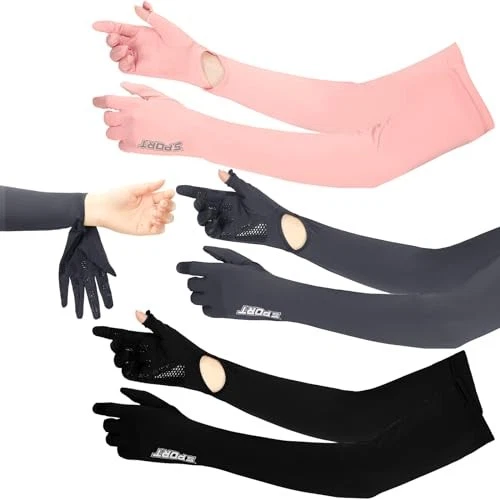 3 pares de guantes largos UV para el sol para mujer con pantalla táctil rosa para conducir, gris profundo, negro Foto 1 de 4