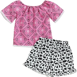 Western Toddler Girl Shorts Set off Shoulder Floral Shirt Lace Tops Ruffle Short - Picture 1 of 12