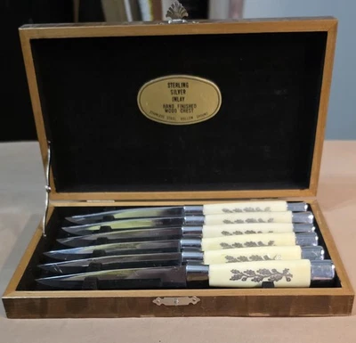 Vtg ARNART Set Of 6 Steak Knives Sterling Silver Inlay Handle In Wood Chest - Image 1 of 4