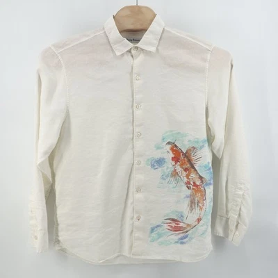 Tommy Bahama Mens White Linen Blend Long Sleeve Koi Fish Print Button Up Shirt L - Image 1 of 4