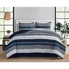 8 Piece Blue Stripe Bed in a Bag Comforter Set With Sheets, Queen