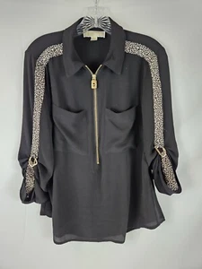 Michael Kors Black Top Animal Print Accents V-Neck Chest Pockets Gold Zip Size M - Picture 1 of 6