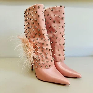 NEW AZALEA WANG BLAISE RHINESTONE AND FEATHER BARBIECORE STILLETO BOOTS 8.5 - Picture 1 of 11