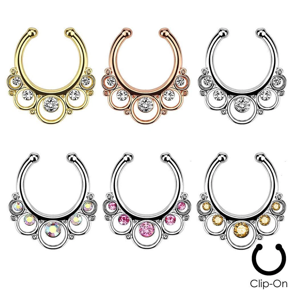 Clip en falso tabique clicker sin piercing nariz anillo aro oro rosa floral circonita cúbica Foto 1 de 1