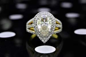 Pear Cut Halo Set Moissanite Engagement Ring In 18KT Solid Yellow Gold For Women - Picture 1 of 7