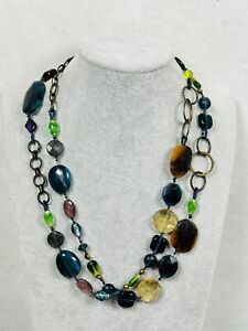 Coldwater Creek Necklace Beaded Blue Yellow Brown Colorful 48" Jewelry