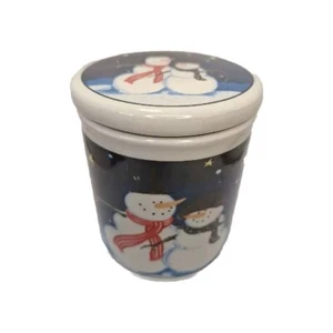 Christmas Winter CANISTER Jar Container CERAMIC, SNOWMAN Blue With Lid Snowflake - Picture 1 of 9