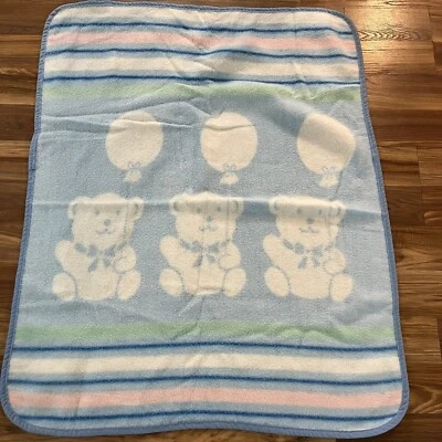 Vintage Blue Fleece Teddy Bears With Balloons Acrylic Baby Blanket WPL 1675 USA - Image 1 of 4
