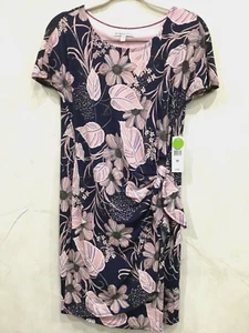 Robbie Bee Womens Size M Wrap Dress Navy Pink White Shor Sleeve 38" Long Stretch - Picture 1 of 9