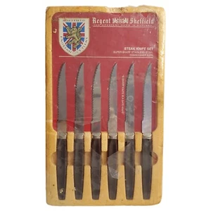 Juego de 6 cuchillos de carne de colección Regent Sheffield de lote antiguo mangos de baquelita marrón cocina - Imagen 1 de 9