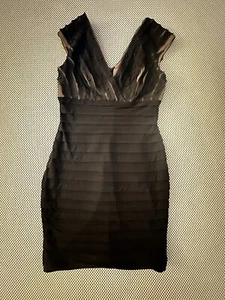 Adrianna Papell Fitted Sheath Dress Black Women Size 4 Stretch Tiered Cocktail - Picture 1 of 10