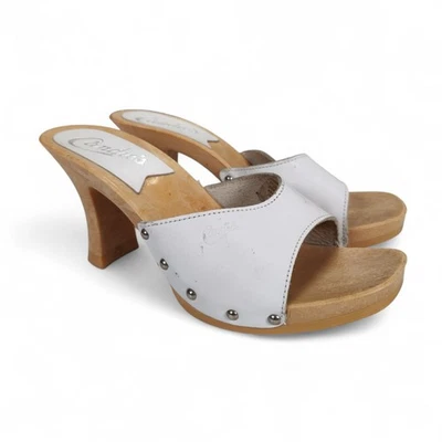Vintage 1980s Candies White Leather Wooden Platform Mules Heels Sandals Studded - Image 1 of 4