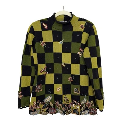 Suéter De Colección Años 90 Berek Checker Negro Verde Talla Pequeña Hojas Otoño Cuentas Lentejuelas Foto 1 de 4