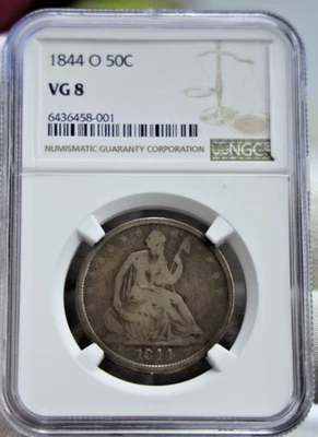 Монета номиналом 50 центов 1844 O США с изображением сидящей Свободы NGC VG8 - Изображение 1 из 2