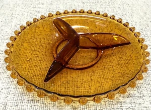 Vintage Amber Glass Divided Relish Dish Plate, 8.5", Beaded Edge  - Picture 1 of 5