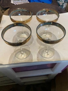 4 VINTAGE NICK AND NORA 1950's GOLD AND TEAL GEOMETRIC DESIGN CHAMPAGNE COUPES - Picture 1 of 5