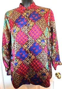 VTG Notations 1X Multicolor Jewel Tone Print Satin Blouse LS Mandarin Collar - Picture 1 of 5